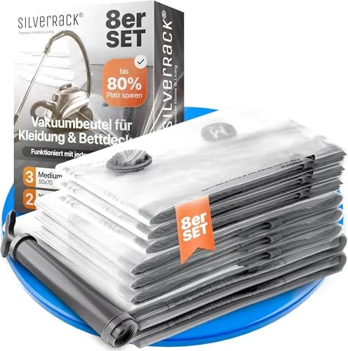 SilverRack XL Jumbo Vakuumbeutel für Kleidung u. Bettdecken [8 Stück] - INKL. HANDPUMPE u. ETIKETTEN in (3x 50x70 cm / 3x 60x80 cm / 2x 80x100 cm) - Vakuumiererbeutel für Kleider u. Decken