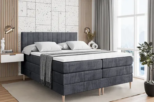 ALTDECOR Boxspringbett mit Holzfüßen und Stauraum, Matratze und Topper H3/H4 - Dunkelgrau - Das ALTDECOR Boxspringbett bietet optimalen Schlafkomfort mit zwei integrierten Bettkästen für zusätzlichen Stauraum. Strapazierfähiger Stoff und abnehmbarer Bezug sorgen für Langlebigkeit und einfache Pflege.