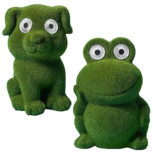 Bonetti 2-er Set LED Solar Dekofigur für den Garten mit hell leuchtenden Kulleraugen aus Polyresin gefertigt, grün beflockt, Motiv: Frosch & Hund