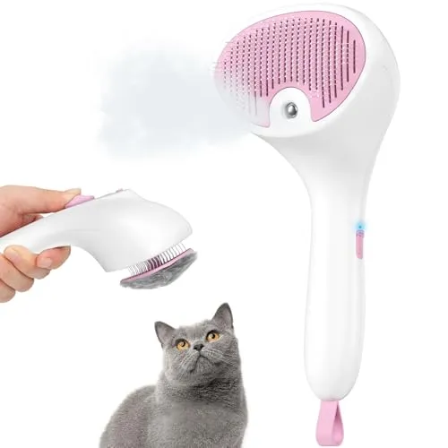 Euqvunn Katzenbürste mit Dampf mit Auslöseknopf, [Ultra-Leises Design/Komfort-Griff] Pet Dampfbürste Katze Steamy Brush Hundebürste Wiederaufladbar Katzen mit Spray für Katzen, Hunde, Kaninchen