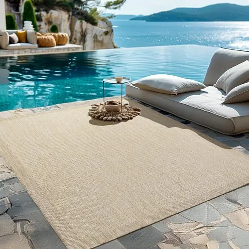 HomebyHome Outdoor-Teppich Flachgewebe Wetterfest Einfarbig Beige Küchenteppich, Balkon Terrassen Garten Wohnzimmer Teppich 280 x 370 cm