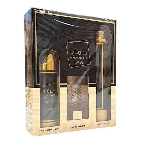 Lattafa Khamrah Geschenkset EDP 100 ml - Unisex Geschenkset mit 100 ml Eau de Parfum, 200 ml Körperspray und 300 ml Lufterfrischer – das perfekte Set für den Duftliebhaber.