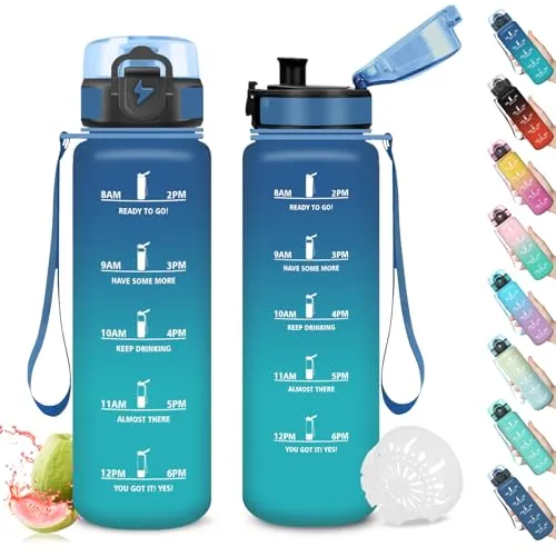 Mujigaga Trinkflasche 1l, Wasserflasche mit Zeitmarkierung, Trinkflasche Auslaufsicher, Sichere Verriegelung, Flasche mit Schnürung und Uhrzeit, Sportflasche 1l, für Fitness, Uni, Wandern