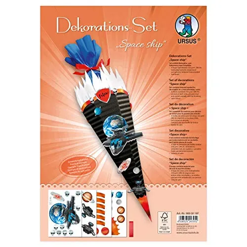 Ursus 9880018F - Dekorations Raumschiff, 4 Bogen Bastelkarton DIN A4, zum Dekorieren einer Schultüte (Rohling nicht enthalten) beidseitig bedruckt, vorgestanzt, mit Satinband