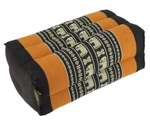 GURU SHOP Meditationskissen, Blockkissen, Eckiges Yoga Stützkissen, Stützkissen, Thai Nackenstütze mit Kapok - Schwarz/orange, 10x20x30 cm
