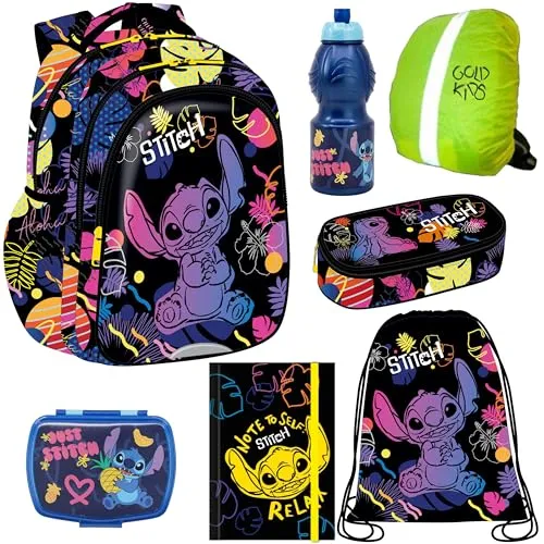 Goldkids Rucksack Set für Kinder - Lilo und Stitch Motiv - Schultaschen-Set bestehend aus 7 Teilen mit ergonomischem Design, ideal für gesunde Haltung und optimale Organisation von Schulmaterialien.