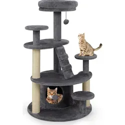 COSTWAY Katzenbaum grau, mehrstufiger Kratzbaum mit Höhle und Plattformen - Ideal für Munchkin und ältere Katzen: Der Katzenbaum bietet sichere Klettermöglichkeiten, gemütliche Ruheplätze und schützt Ihre Möbel mit robusten Kratzsäulen. Platzsparendes Design für jede Wohnung.