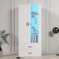 Merax Standvitrine mit LED-Beleuchtung, Hochglanz Front Vitrine mit großem Stauraum, Vitrinenschrank, Höhe: 182cm - Weiß