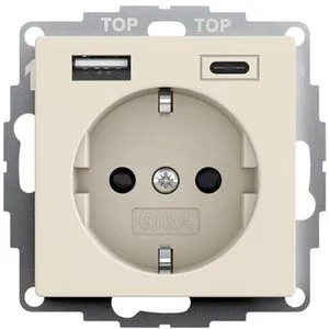 Gira Steckdose System 55 245901 mit USB-A und USB-C - Unterputz Steckdose in cremeweiß glänzend, ideal für gleichzeitiges Laden über USB-A und USB-C – perfekt für moderne Haushalte.