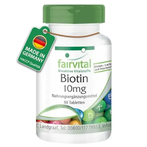 Fairvital | Biotin 10mg - 90 Tabletten - mit 10000mcg Vitamin B7 pro Tablette - HOCHDOSIERT - für Haut & Haare - VEGAN