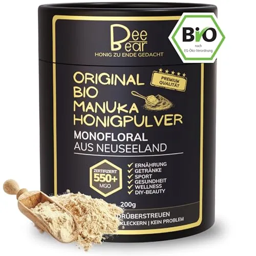 BeeBear Manuka Honigpulver MGO 550 | Bio Nahrungsergänzungsmittel & Superfood Pulver für Smoothie & gesundes Frühstück | Porridge Topping & Müsli Topping | Immunsystem stärken & Energy Pulver