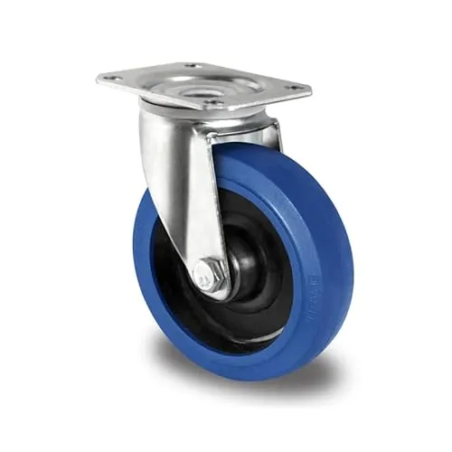 Lenkrolle 200 mm Elastik Gummi Rolle Blue Wheels - Industrierollen mit Platte - Robuste Lenkrolle mit 350 kg Traglast und schwenkbarem Kugel-Drehkranz für hohe Mobilität und Stabilität.