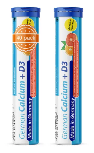 German Calcium + D3 Brausetabletten 2x20 Stk. Orangen-Grapefruit Geschmack Zuckerfrei - 500 mg Kalzium, 2,5 g Vitamin D3 - T&D Pharma – Germany