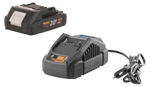 Procraft Starter Pack 20 V mit Ladegerät und Akku - Praktisches Starter Pack mit 20 V Ladegerät und 2,0 Ah Akku für Elektrowerkzeuge. Ideal für den sofortigen Einsatz und zuverlässige Energieversorgung.