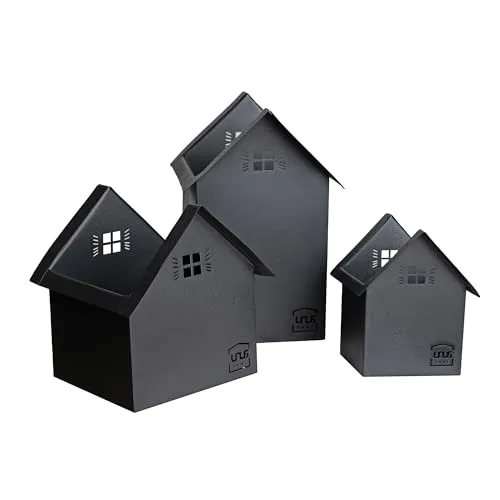 UNUS Deko Häuser 3er Set, Lichthäuser aus Metall in schwarz, Herbstdeko Outdoor, Weihnachtsdorf mit Gravur für Garten, Terrasse oder Balkon