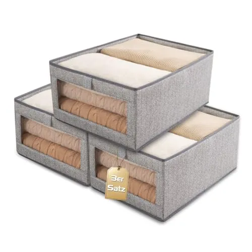 Aiuuee 3 Stück Faltbar Aufbewahrungsbox Stoff, 44x30x20cm Aufbewahrungskorb Stoff Mit Griff, Stapelbar Faltbox, Stoffboxen Aufbewahrung für Kleidung, Unterwäsche, Spielzeug, Bücher (Grau)