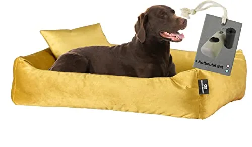 Rohrschneider Hundebett Kuschelsofa Hund Weich + Hundekotbeutelset (L, Senf)