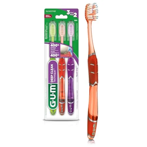 GUM Technique Deep Clean Zahnbürste mit Quad-Grip-Griff, kompaktem Kopf und weichen Borsten, 3 Stück