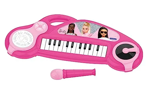 LEXIBOOK Barbie Elektronisches Keyboard mit Drumpad und Lichteffekten - Kinderinstrumente mit 4 verschiedenen Soundeffekten für Klavier, Geige, Gitarre und Saxophon – fördert die Musikalität und Kreativität von Kindern ab 3 Jahren.