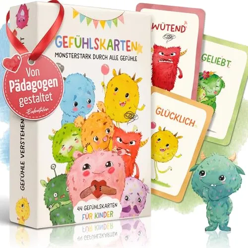 EULENTALER® Gefühlskarten für Kinder I Von Pädagogen gestaltet I 44 Emotionskarten mit kindgerechten Erklärungen & wertvollen Gesprächsfragen I Handgemalte Gefühlsmonster für Starke Kinder + Handbuch
