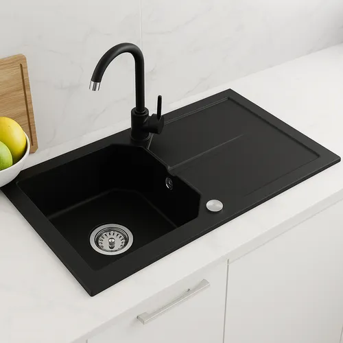 Granit Küchenspüle 750x435mm mit Armatur - Hochwertige Granit Spüle mit Abtropffläche, ideal für moderne Küchen. Inklusive Siphon für einfache Installation.