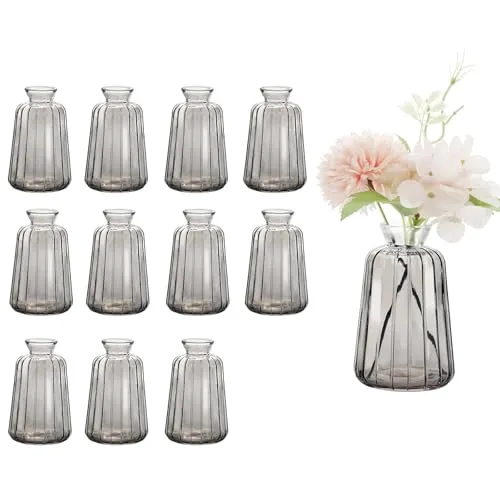 Avmvnvc Kleine Glasvasen - 12er Set Kleine Vasen für Tischdeko Hochzeit - Vintage Stil Deko Vasen Set - Mini Glasvasen für Tischdeko, Grau