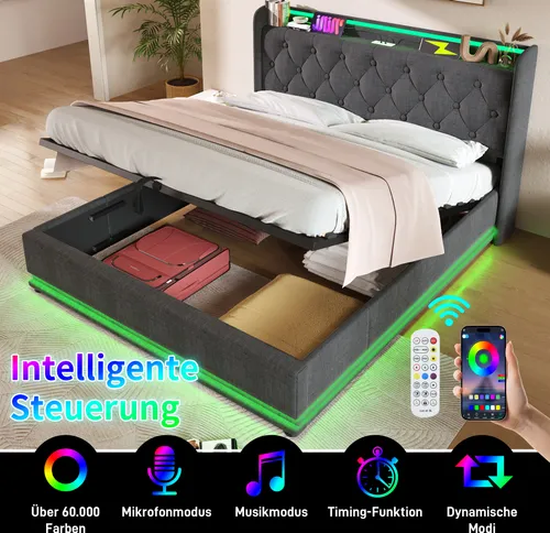 MODFU Boxspringbett Hydraulisches 160 x 200 cm mit LED-Beleuchtung(Drucktaste/App/Fernbedienung.), Polsterbett Funktionelles mit USB&Typ-C-Ladeanschluss, Doppelbett Stauraumbett mit Bettkasten Stauraum, Leinen Grau(Ohne Matratze)