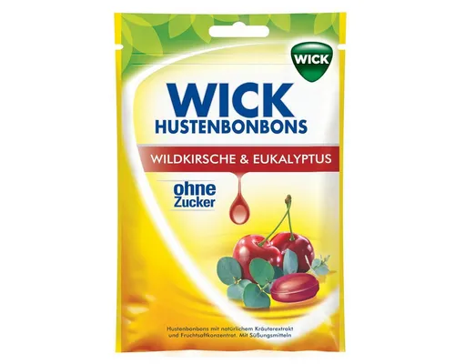 WICK Süßigkeit, WICK Kirsche mit Eukalyptus fruchtige zuckerfreie Halsbonbons 72g