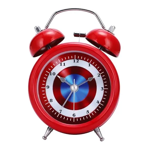 Lafocuse Wecker Laut für Kinder Tiefschläfer mit Ohne Ticken, Doppelglockewecker, Batteriebetrieben, mit Nachtlicht, Metall Rot Captain Tischuhr für Nachttisch Schlafzimmer Kinderzimmer 8cm