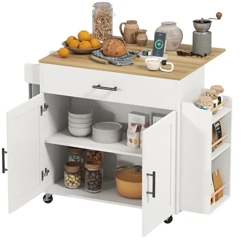 Homcom Kücheninsel, Weiß, Holzwerkstoff, 68x85x120 cm - Küchenwagen mit ausklappbarer Arbeitsfläche und integrierter Steckdosenleiste für mehr Komfort und Ordnung in Ihrer Küche. Ideal für effizientes Kochen und einfaches Laden von Geräten.