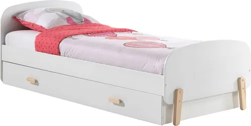 Einzelbett Karilynn 90x200 cm - Modernes Kinderbett in Weiß - Stilvolles Einzelbett der Serie Karilynn aus hochwertigem MDF und massivem Holz. Die Liegefläche von 90x200 cm und die Retro-Optik bieten Komfort und chicen Stauraum durch die integrierte Bettschublade.
