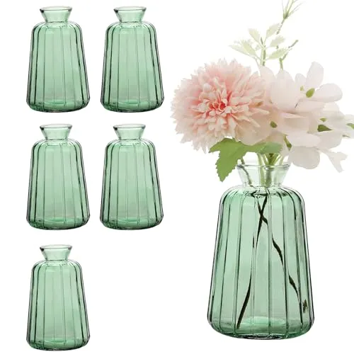 Avmvnvc Kleine Glasvasen - 6er Set Kleine Vasen für Tischdeko Hochzeit - Vintage Stil Deko Vasen Set - Mini Glasvasen für Tischdeko,Grün