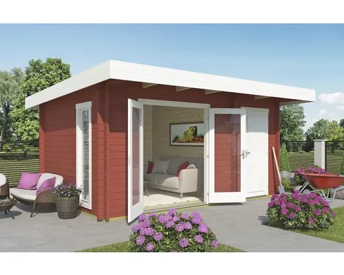 Gartenhaus Blockhaus Pultdach 44 mm Chameleon rot 470x320 cm - Gartenhaus aus robusten Blockbohlen, mit 13.5 m² Nutzfläche und abschließbarer Tür, ideal für Gartenliebhaber, die Wert auf Qualität und Sicherheit legen.