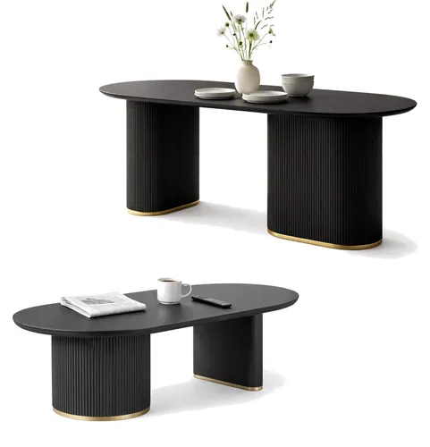 HOOZ® Ovales Couchtisch & Esstisch Set – Modernes Design in Schwarz – 130x70 cm & 180x90 cm - Stilvolles ovales Couchtisch & Esstisch Set von HOOZ® – ideal für 6–8 Personen. Robuste 4 cm Holzplatten und elegantes Säulenfuß-Design bieten Komfort und Langlebigkeit für Ihren Wohn- und Essbereich.