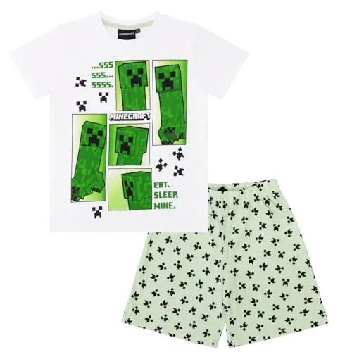 Minecraft Kinder Pyjama kurzer Schlafanzug Creeper (Weiss, 116)