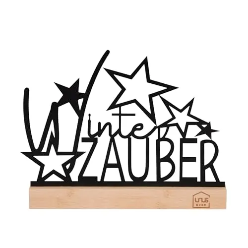 UNUS Aufsteller Winterzauber mit Sternen Winterdeko aus Metall mit Bambusfuß 26x19,5 cm in Schwarz oder Weiß stilvolle Deko für Tisch, Regal oder Fensterbank