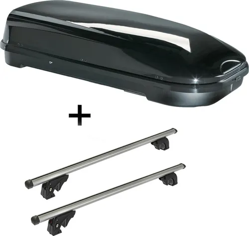 Dachbox VDPFL580 580Ltr schwarz glänzend + Dachträger/Relingträger VDP LION1 kompatibel mit für Toyota Yaris Verso (P1) (5 Türer) 00-05