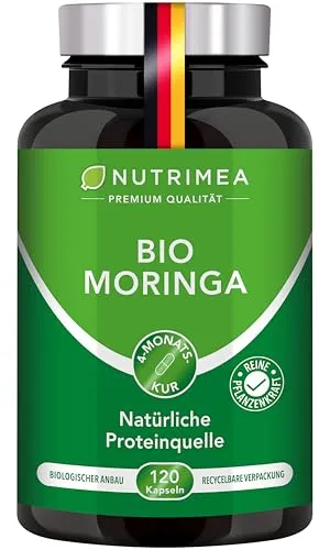 MORINGA Oleifera Kapseln | BIO Zertifiziert, 4 Monate Vorrat - Erbsenproteine - Hochdosierte, 100% vegane Moringa Kapseln ohne Zusätze, hergestellt in Deutschland. Reich an Vitaminen und Mineralien, ideal zur Unterstützung von Gesundheit und Fitness.