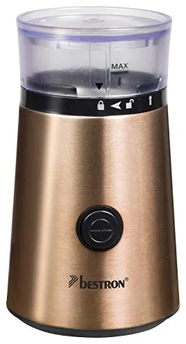 Bestron Elektrische Kaffeemühle mit Edelstahl-Schlagmesser - Elektrische Propellerkaffeemühle in stilvoller Kupfer-Optik, ideal für frisch gemahlenen Kaffee und Gewürze. Kraftvolles Edelstahl-Schlagmesser und einfacher Behälterwechsel für bis zu 50g.