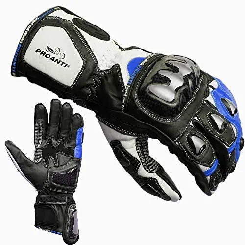 PROANTI Racing Pro Motorradhandschuhe - Blau Größe L - Hochwertige Rennmotorradhandschuhe aus Rindsleder mit optimaler Passform und Griffigkeit. Ausgestattet mit Schutzvorrichtungen und 2 Klettverschlüssen für maximale Sicherheit.