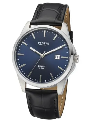 REGENT F-1679 Herrenuhr Edelstahl mit blauem Sunray Zifferblatt - Elegante Herrenuhr mit hochwertigem Edelstahlgehäuse und stilvollem blauen Sunray Zifferblatt. Das Lederarmband im Kroko Look sorgt für hohen Tragekomfort. Ideal für jeden Anlass und mit praktischer Datumsanzeige.