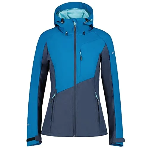 Icepeak Softshelljacke für Damen Bradenton - Blau, Größe 36 - Leichte, wasserabweisende Softshelljacke mit 10.000 mm Wassersäule. Ideal für Outdooraktivitäten und den Alltag, ausgestattet mit Reißverschlusstaschen und verstellbarer Kapuze.