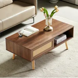 Couchtisch Aus Mdf In Braun 105 X 55 Cm Mit Rattan-schiebetür Und Massivholzbeinen