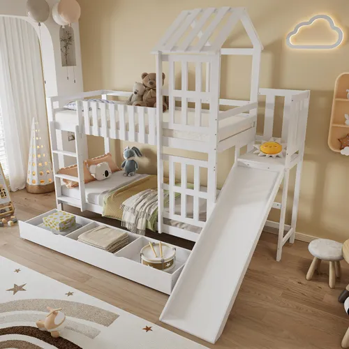 okwish Kinderbett 90×200 mit rausfallschutz,Etagenbett mit rutsche,Stauraumbett mit Große Schublade auf Rollen,Bettgestell mit Exquisites Dach und Fenster,Weiß