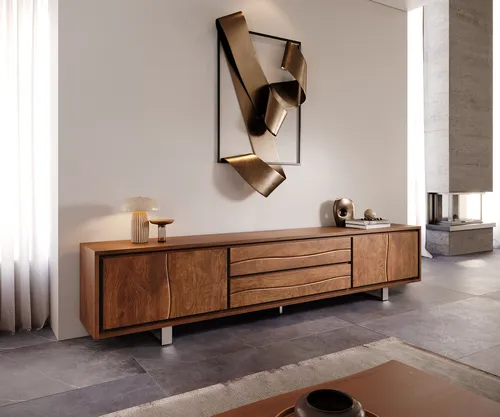 DELIFE Fernsehtisch Live-Edge Akazie Braun 300 cm - TV-Halterung mit einzigartiger Baumkante aus Akazienholz, bietet viel Stauraum und beeindruckt durch ihr individuelles Design. Ideal für stilvolle Wohnräume.