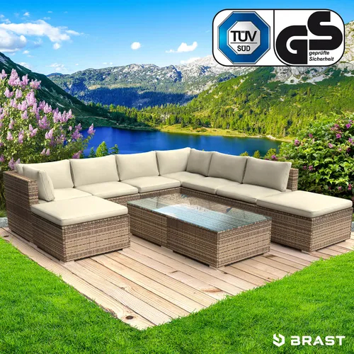XL Poly Rattan Garten Lounge WELLNESS braun - Gartenmöbel mit TÜV-geprüfter Sicherheit und robustem Alu-Gestell. Extra dicke Kissen für höchsten Sitzkomfort und pflegeleichtes, wasserabweisendes Rattan machen diese Lounge zur perfekten Wohlfühloase.