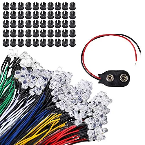 GTIWUNG 50Pcs Vorverdrahtete LED, Dioden Licht, 12V vorverdrahtetes Licht, 5mm LEDs mit 20cm Kabel(5 Farben, Jeder 10PCS）+ 50Pcs 5mm LED Montageringe Plastik+10Pcs 15cm 9V I-Typ Batterie Clip