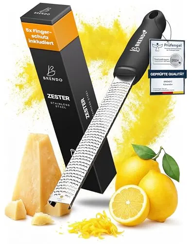Brendo Premium Zester Reibe I Käsereibe Schwarz I Edelstahlklinge I Knoblauchreibe, Muskatnuss Reibe, Zitronenreibe, Ingwerreibe, Parmesanreibe I Fingerschutz, Schutzhülle & Reinigungsbürste