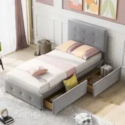 MODFU Kinderbett 90x200 Einzelbett mit Matratze,mit Rückenlehne und zwei Schubladen,mit Lattenrost,Jugendbett flaches Gästebett ,Grau - Grau