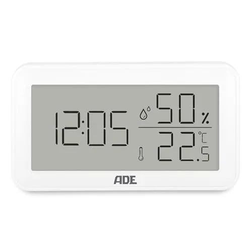 ADE Thermometer mit Luftfeuchtigkeitsmesser innen | digitale Badezimmeruhr mit Temperatur | Feuchtigkeitsmessgerät mit Uhrzeit | Hygrometer für Büro, Kinderzimmer, Schlafzimmer, Bad | Querformat weiß